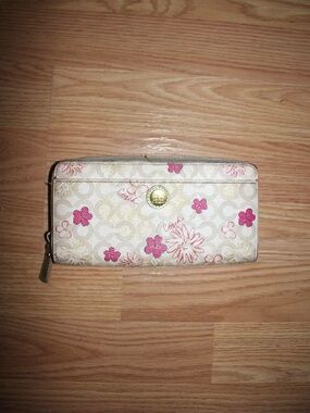Coach Pink Floral Zip-Around Wallet on White Signature Canvas